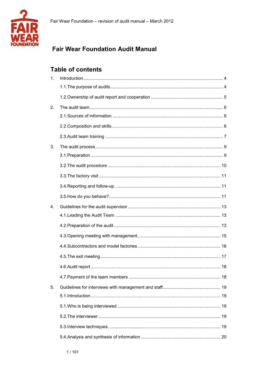 Fair Wear Foundation Audit Manual Table of Contents