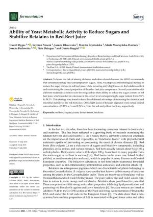 Ability of Yeast Metabolic Activity to Reduce Sugars and Stabilize Betalains in Red Beet Juice