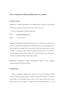 Computational Biology/Bioinformatics on a Budget. Introduction