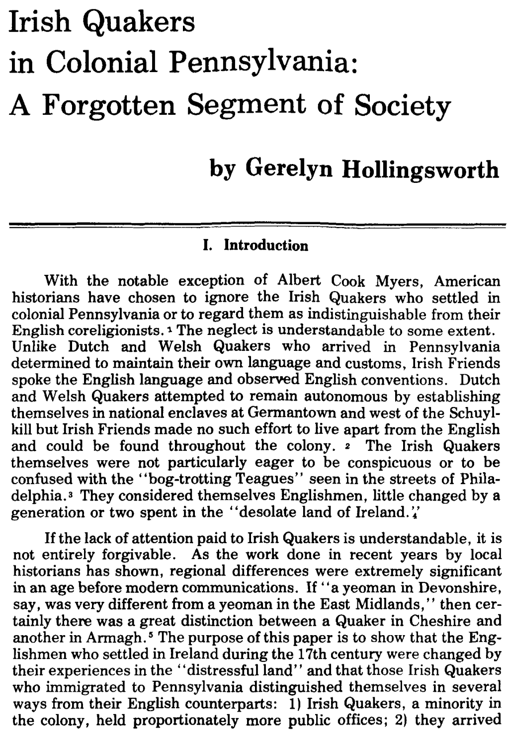 Irish Quakers in Colonial Pennsylvania: a Forgotten Segment of Society