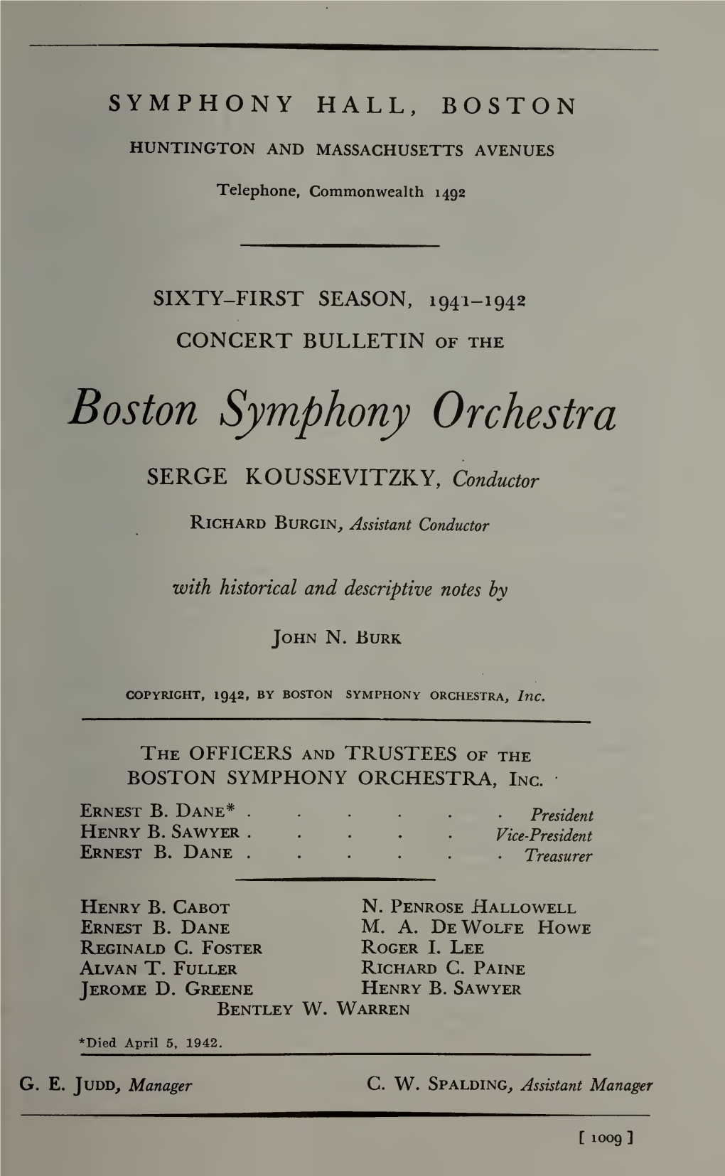 Boston Symphony Orchestra Concert Programs, Season 61,1941-1942, Subscription