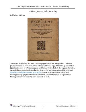 Folios, Quartos & Publishing Folios, Quartos, and Publishing