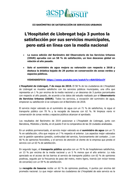 L'hospitalet De Llobregat Baja 3 Puntos La Satisfacción Por Sus Servicios Municipales, Pero Está En Línea Con La Media Naci