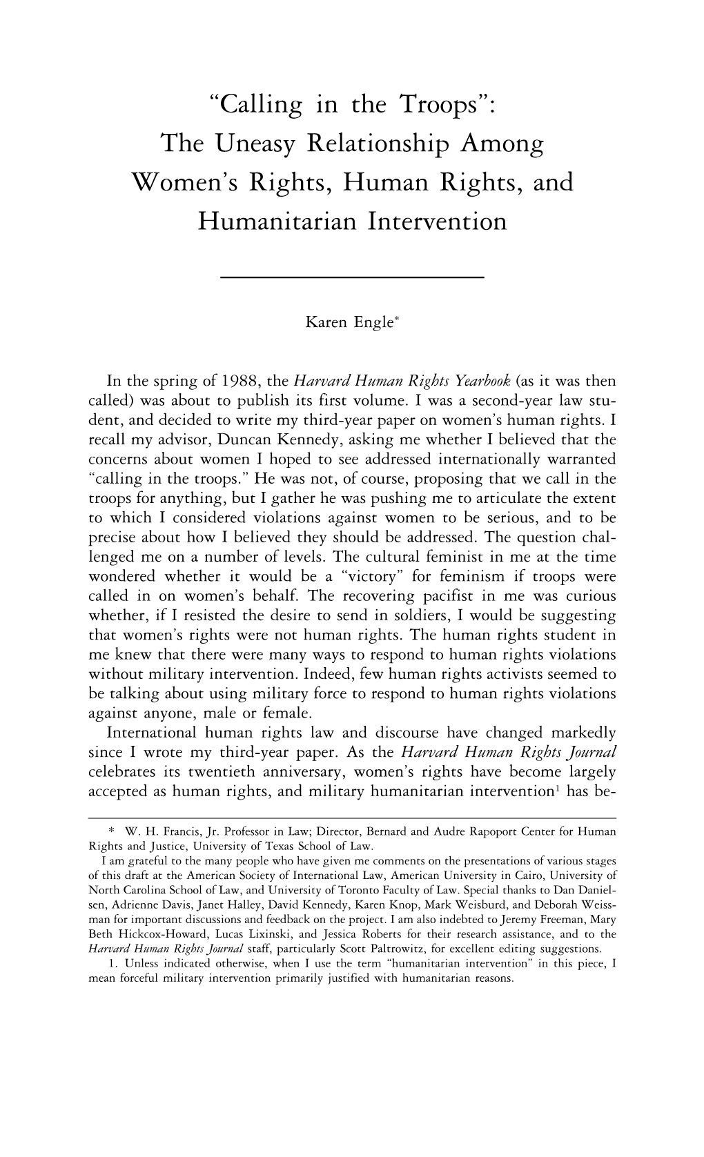 Calling in the Troops”: the Uneasy Relationship Among Women’S Rights, Human Rights, and Humanitarian Intervention