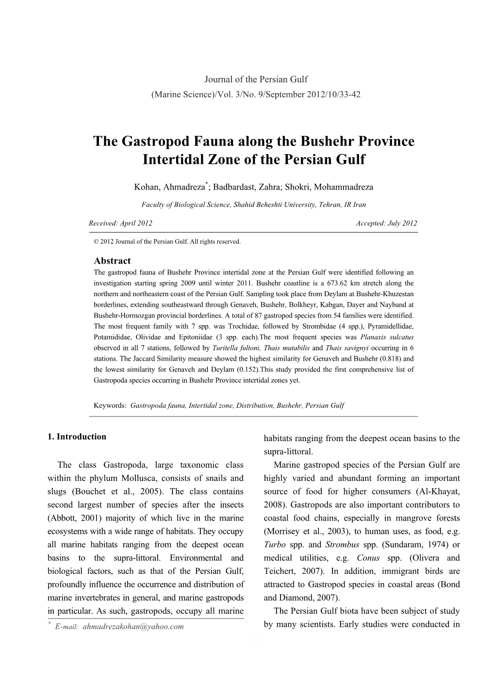 The Gastropod Fauna Along the Bushehr Province Intertidal Zone of the Persian Gulf