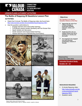 Battle of Kapyong 20 Questions Lesson Plan Objectives