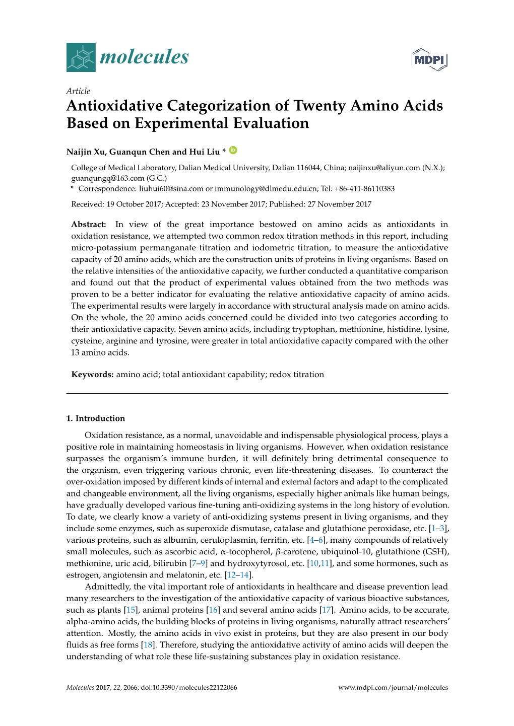 Antioxidative Categorization of Twenty Amino Acids Based on Experimental Evaluation