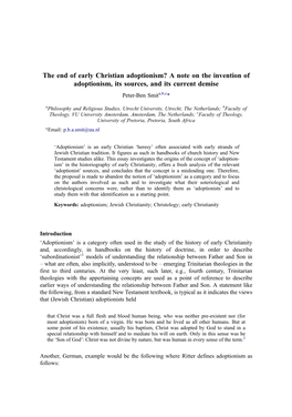 The End of Early Christian Adoptionism? a Note on the Invention of Adoptionism, Its Sources, and Its Current Demise Peter-Ben Smita,B,C*
