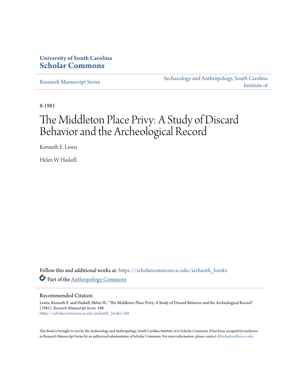 THE MIDDLETON PLACE PRIVY: a STUDY of DISCARD BEHAVIOR and the ARCHEOLOGICAL RECORD by Kenneth E