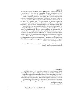 66 Nordic Theatre Studies Vol. 27: No. 1 ABSTRACT from “Rooted Out” To