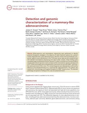 Detection and Genomic Characterization of a Mammary-Like Adenocarcinoma