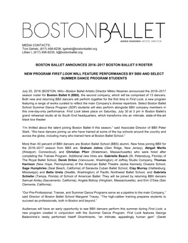 Boston Ballet Announces 2016–2017 Boston Ballet Ii Roster