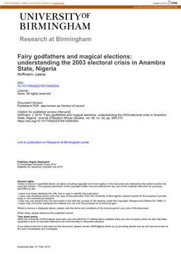 Understanding the 2003 Electoral Crisis in Anambra State, Nigeria Hoffmann, Leena