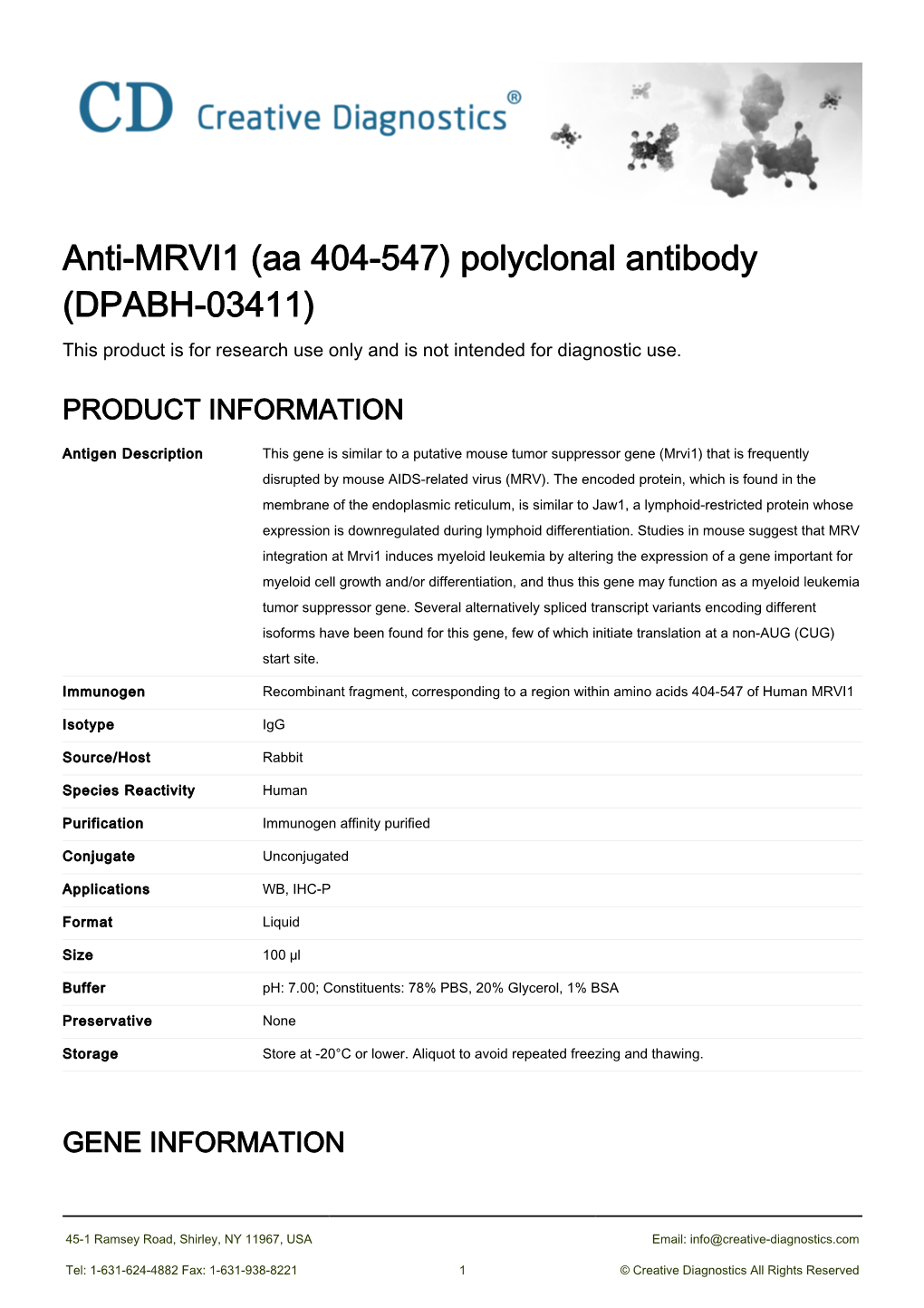 Anti-MRVI1 (Aa 404-547) Polyclonal Antibody (DPABH-03411) This Product Is for Research Use Only and Is Not Intended for Diagnostic Use