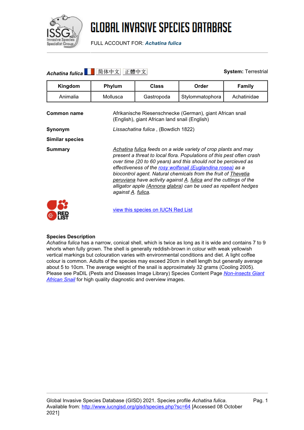 (GISD) 2021. Species Profile Achatina Fulica. Available From