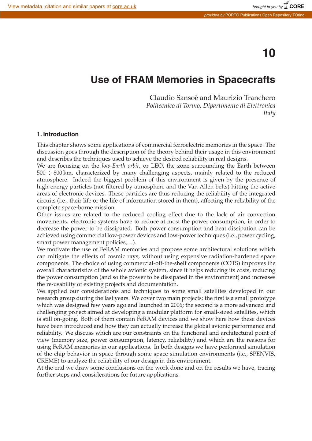 Use of FRAM Memories in Spacecrafts