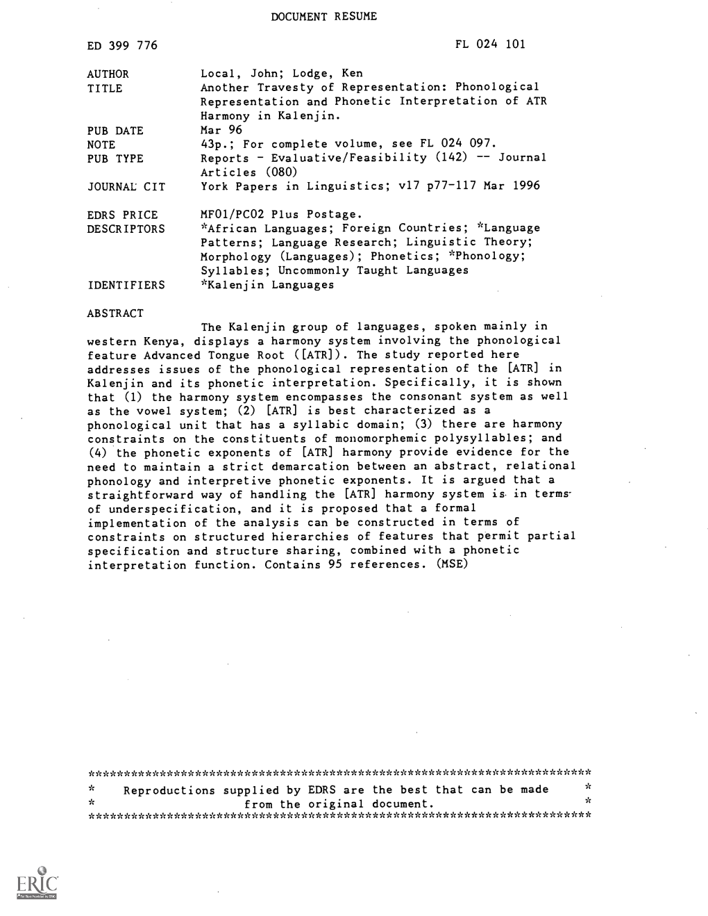 Phonological Representation and Phonetic Interpretation of ATR Harmony in Kalenjin