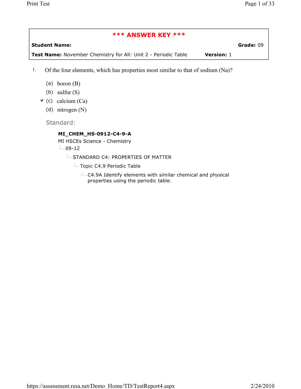 ANSWER KEY *** of the Four Elements, Which Has Properties