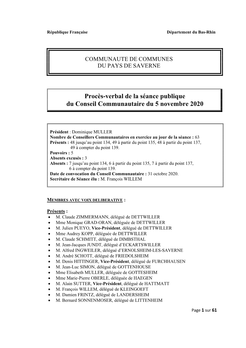 Procès-Verbal De La Séance Publique Du Conseil Communautaire Du 5