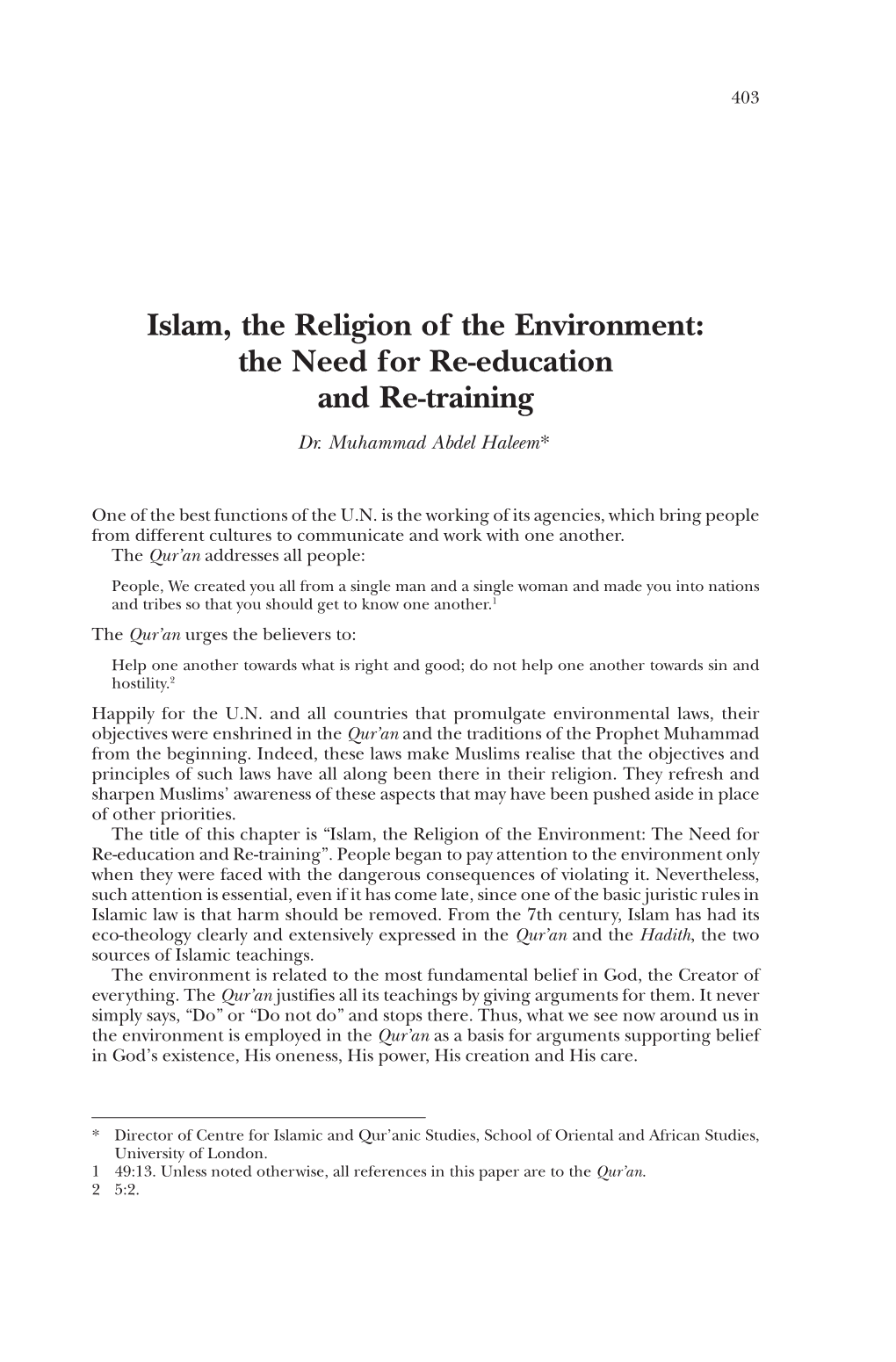 Islam, the Religion of the Environment: the Need for Re-Education and Re-Training Dr