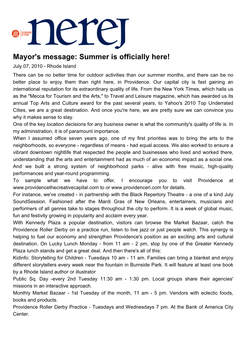 Mayor's Message: Summer Is Officially Here!