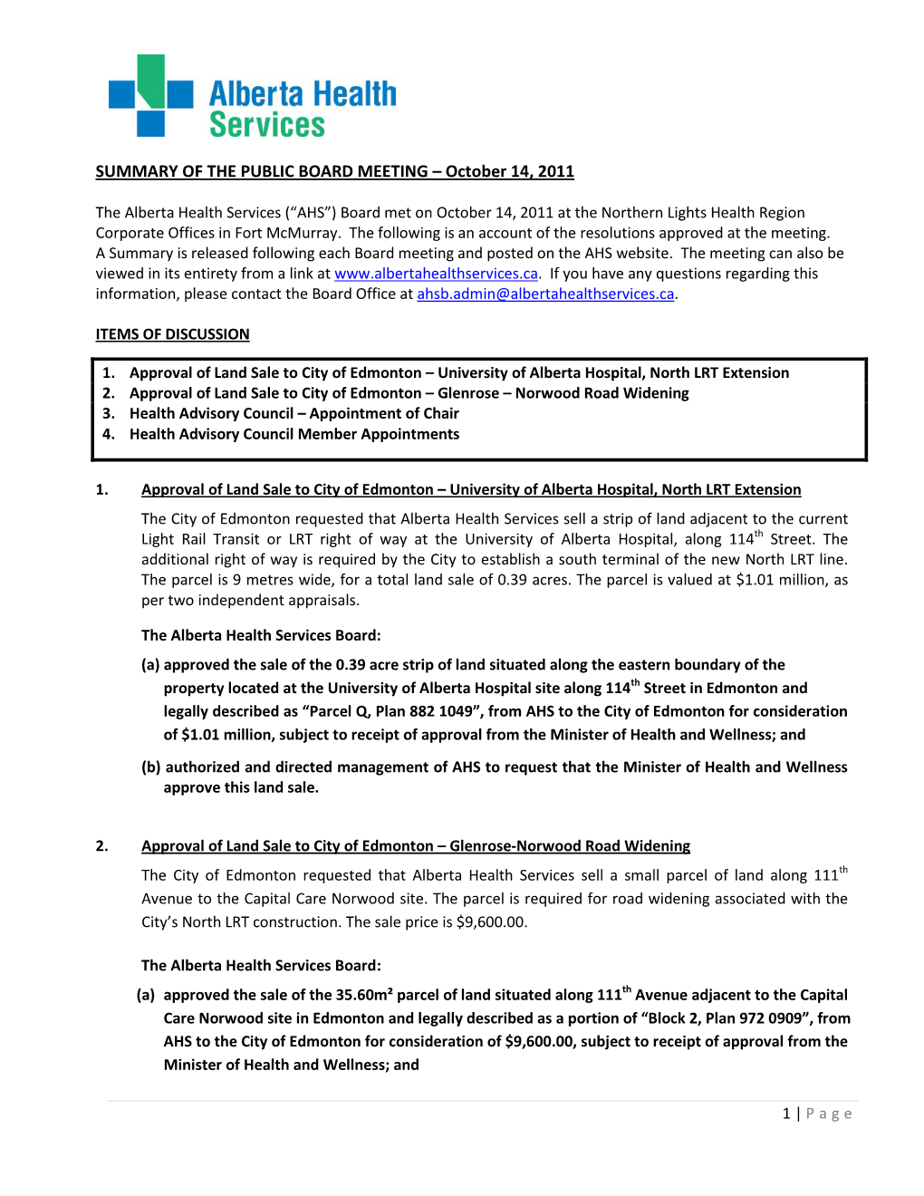 SUMMARY of the PUBLIC BOARD MEETING – October 14, 2011