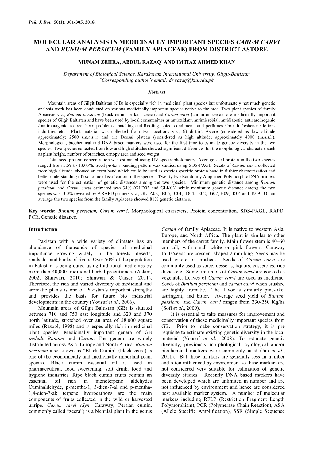 Molecular Analysis in Medicinally Important Species Carum Carvi and Bunium Persicum (Family Apiaceae) from District Astore