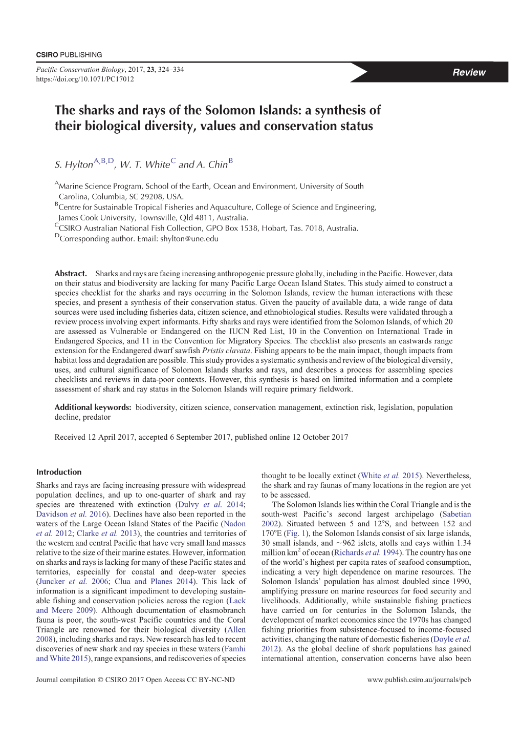 The Sharks and Rays of the Solomon Islands: a Synthesis of Their Biological Diversity, Values and Conservation Status