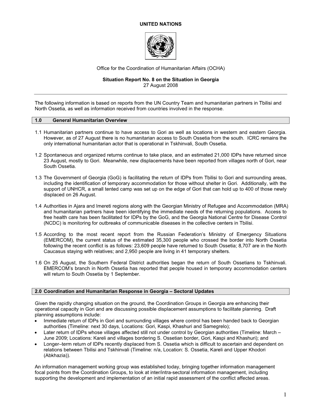 UNITED NATIONS Office for the Coordination of Humanitarian Affairs (OCHA)