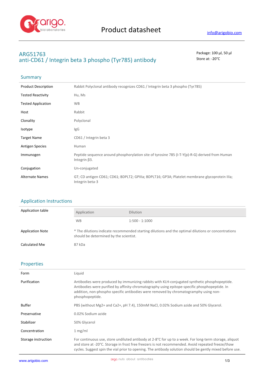 Anti-CD61 / Integrin Beta 3 Phospho (Tyr785) Antibody (ARG51763)