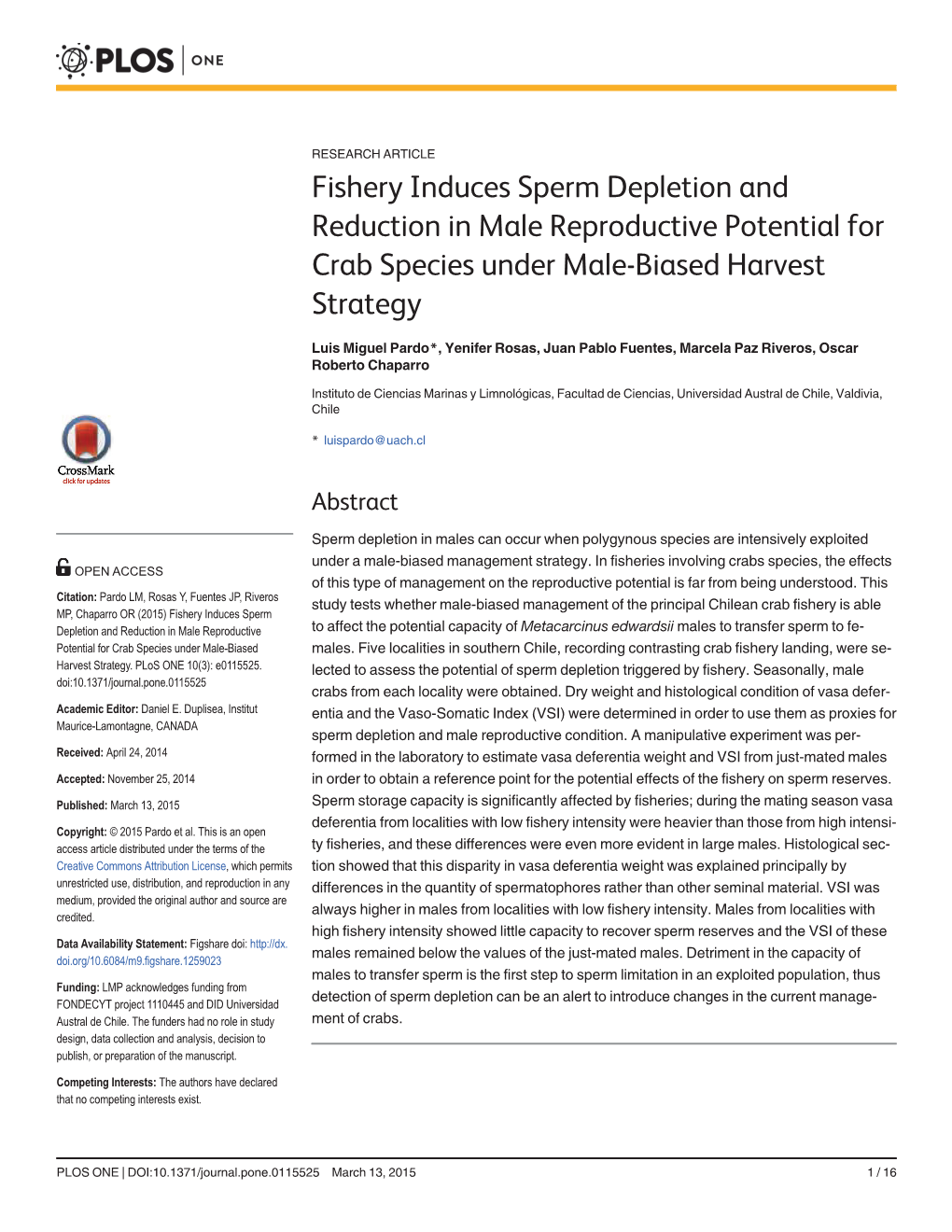 Fishery Induces Sperm Depletion and Reduction in Male Reproductive Potential for Crab Species Under Male-Biased Harvest Strategy
