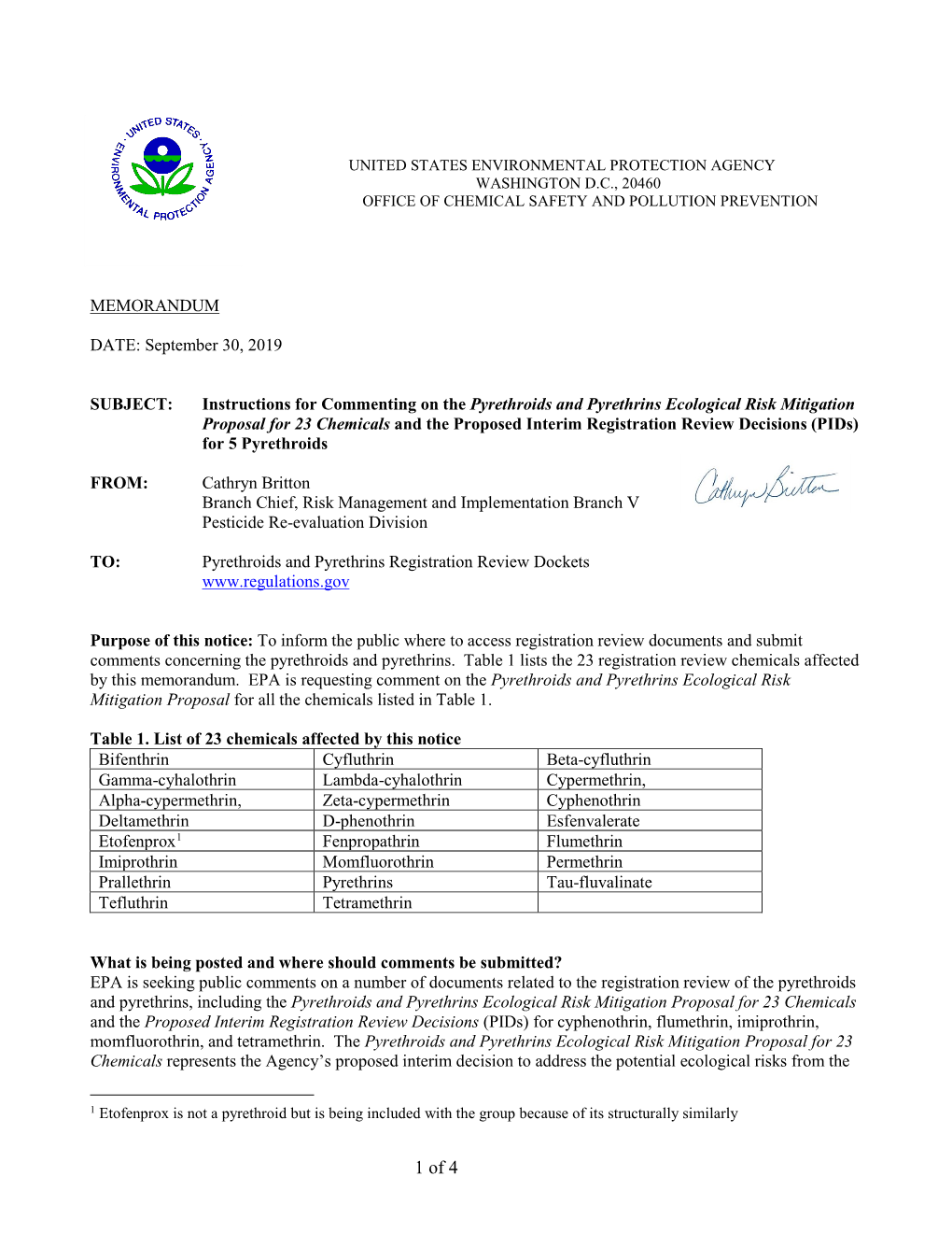 1 of 4 Use of the Pyrethroids As a Group and Serves As the Ecological Risk Mitigation Component for Each Chemical- Specific PID