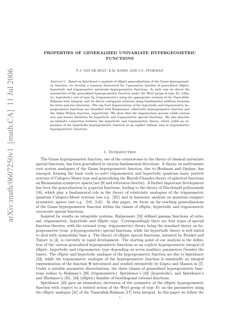 PROPERTIES of GENERALIZED UNIVARIATE HYPERGEOMETRIC FUNCTIONS 3 Relations of the Hyperbolic Hypergeometric Function