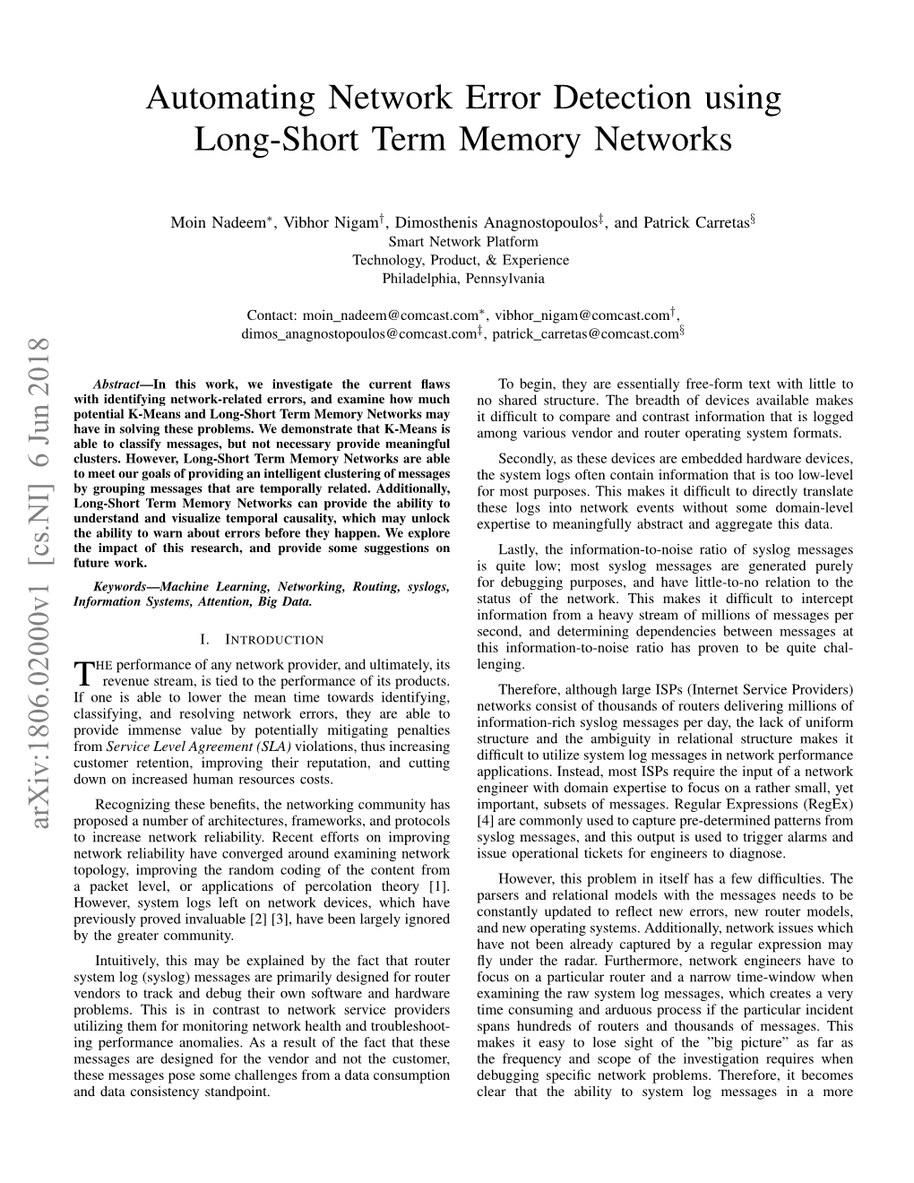Automating Network Error Detection Using Long-Short Term Memory Networks