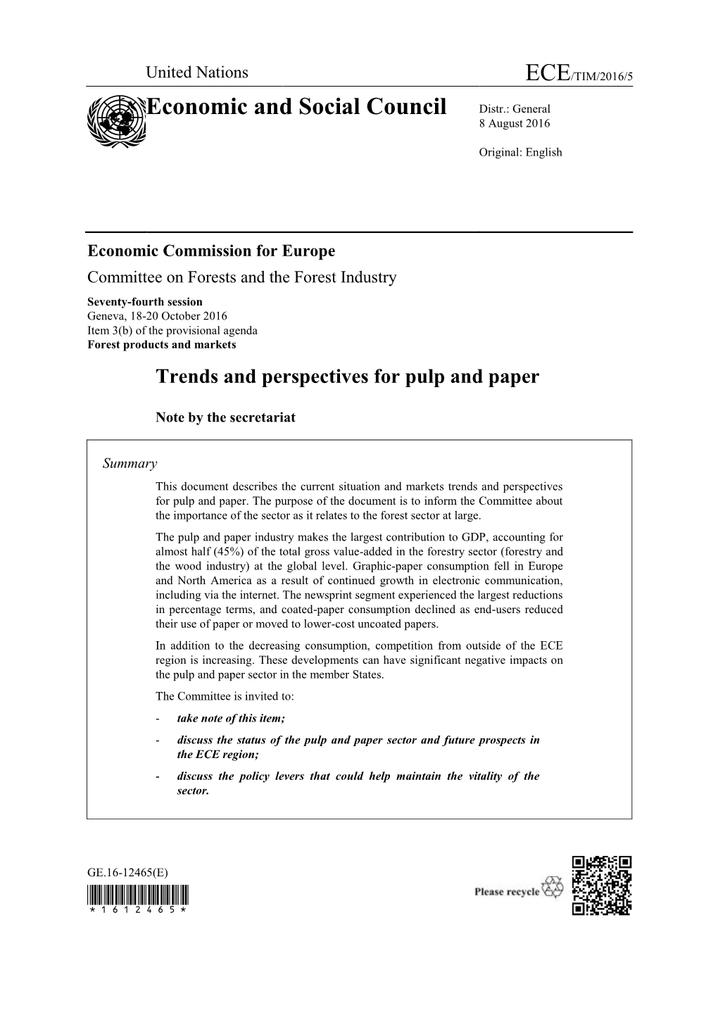 Trends and Perspectives for Pulp and Paper