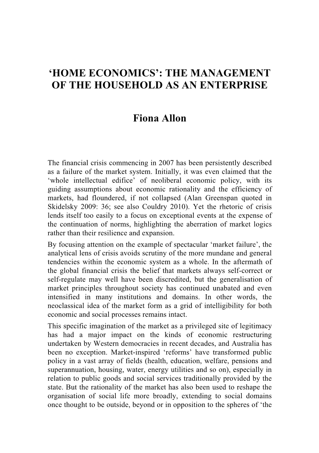 The Management of the Household As an Enterprise