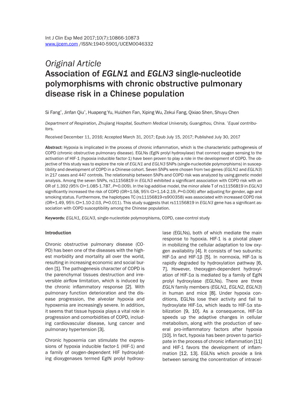 Original Article Association of EGLN1 and EGLN3 Single-Nucleotide Polymorphisms with Chronic Obstructive Pulmonary Disease Risk in a Chinese Population