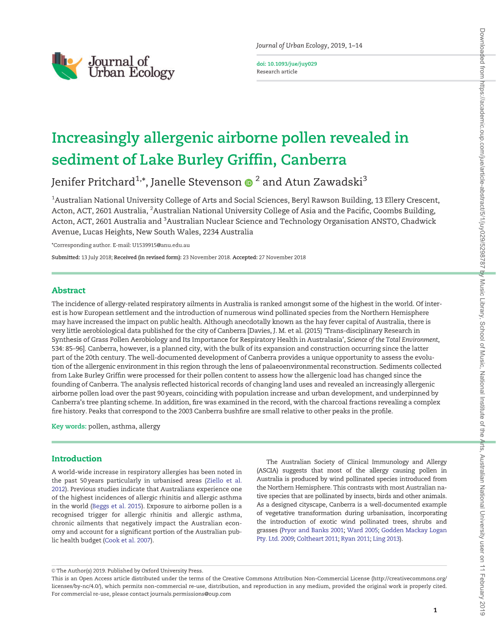 Increasingly Allergenic Airborne Pollen Revealed in Sediment of Lake Burley Griffin, Canberra Jenifer Pritchard1,*, Janelle Stevenson 2 and Atun Zawadski3