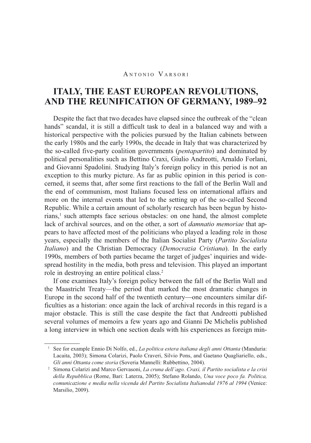 Italy, the East European Revolutions, and the Reunification of Germany, 1989–92