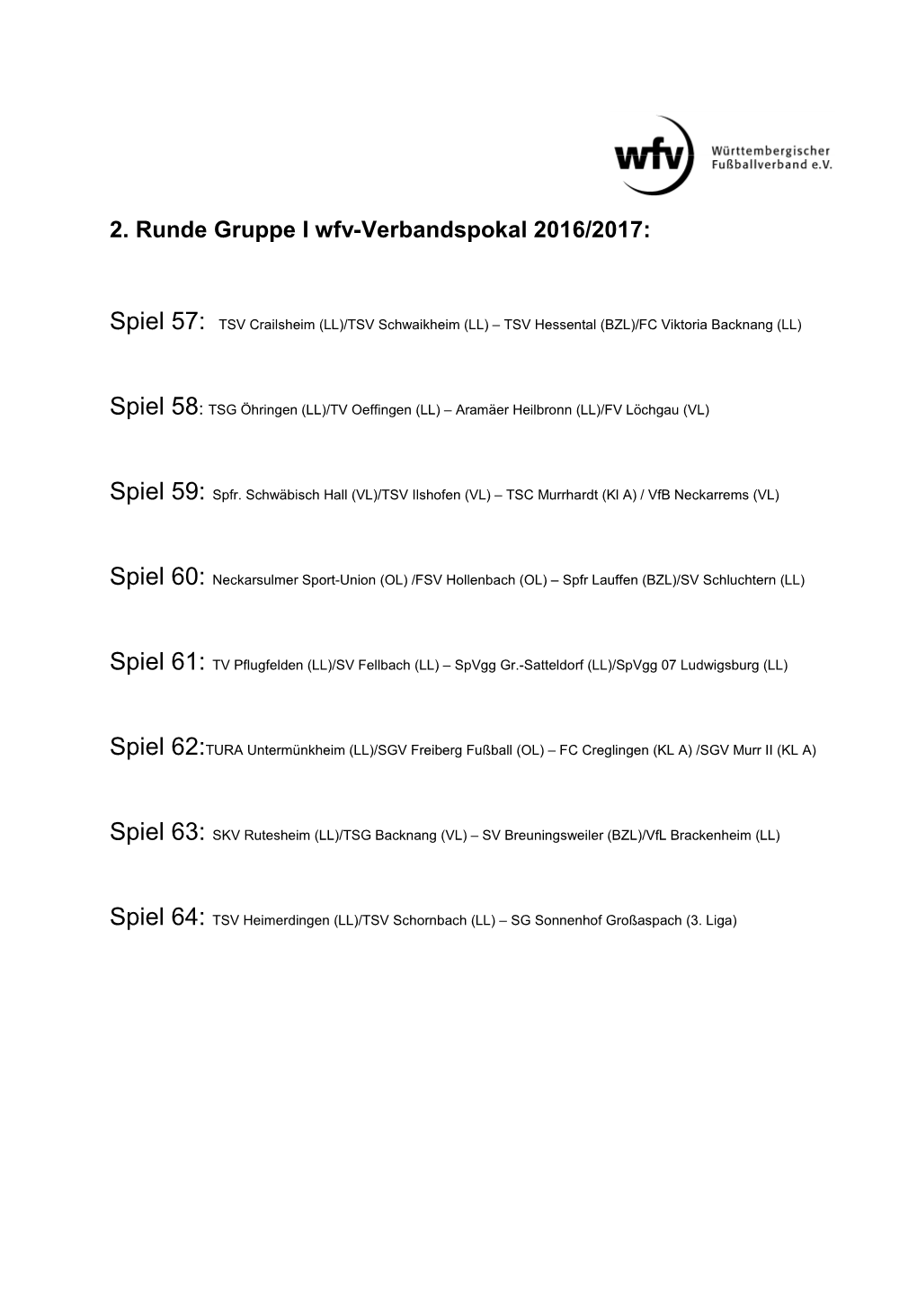 2. Runde Gruppe I Wfv-Verbandspokal 2016/2017