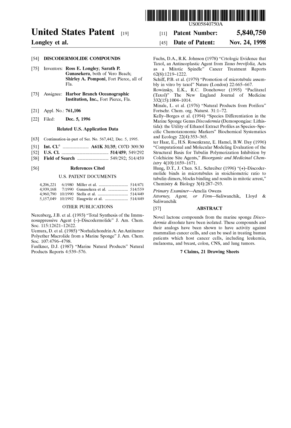 United States Patent (19) 11 Patent Number: 5,840,750 Longley Et Al