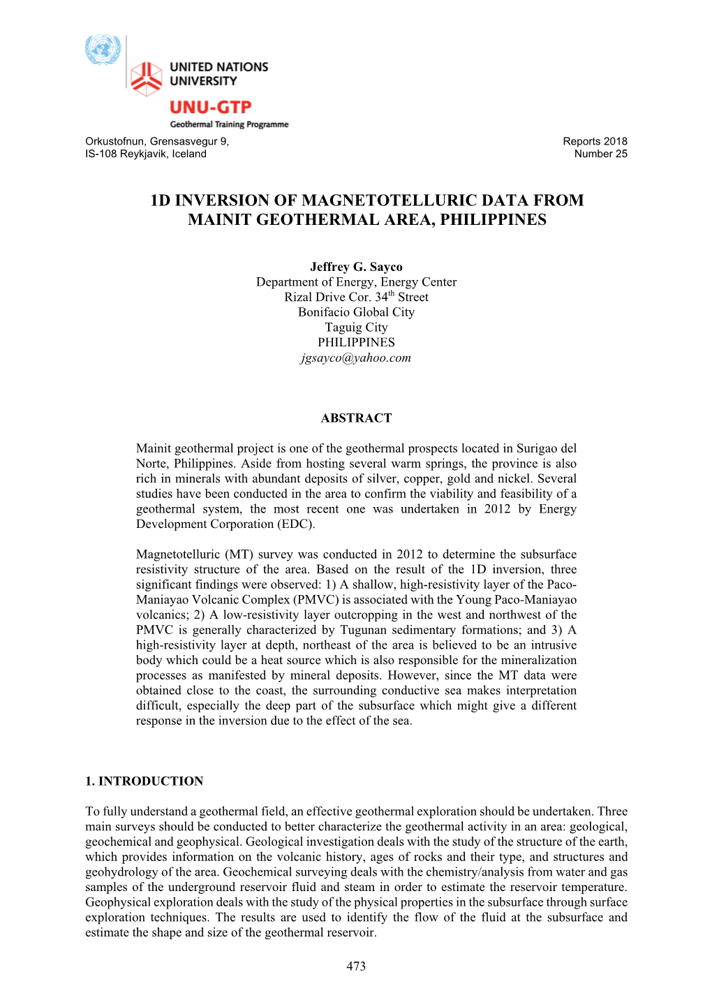 1D Inversion of Magnetotelluric Data from Mainit Geothermal Area, Philippines