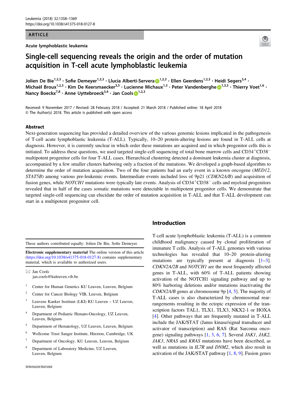 Single-Cell Sequencing Reveals the Origin and the Order of Mutation Acquisition in T-Cell Acute Lymphoblastic Leukemia