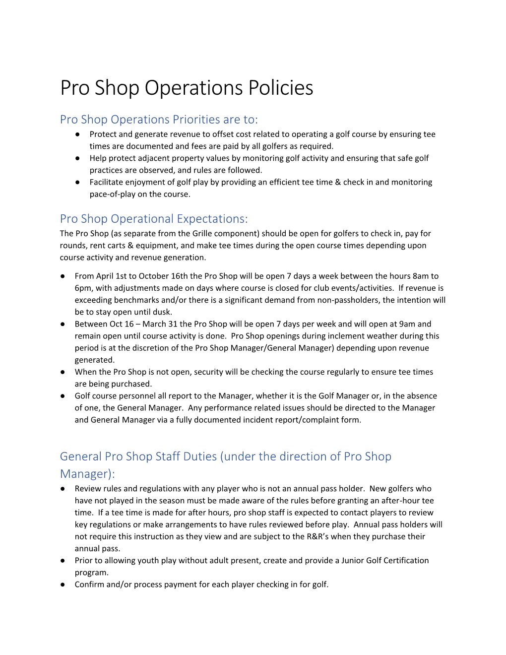 Pro Shop Operations Policies