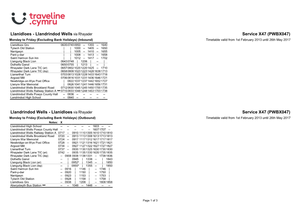 Traveline Cymru A4 Landscape Timetable