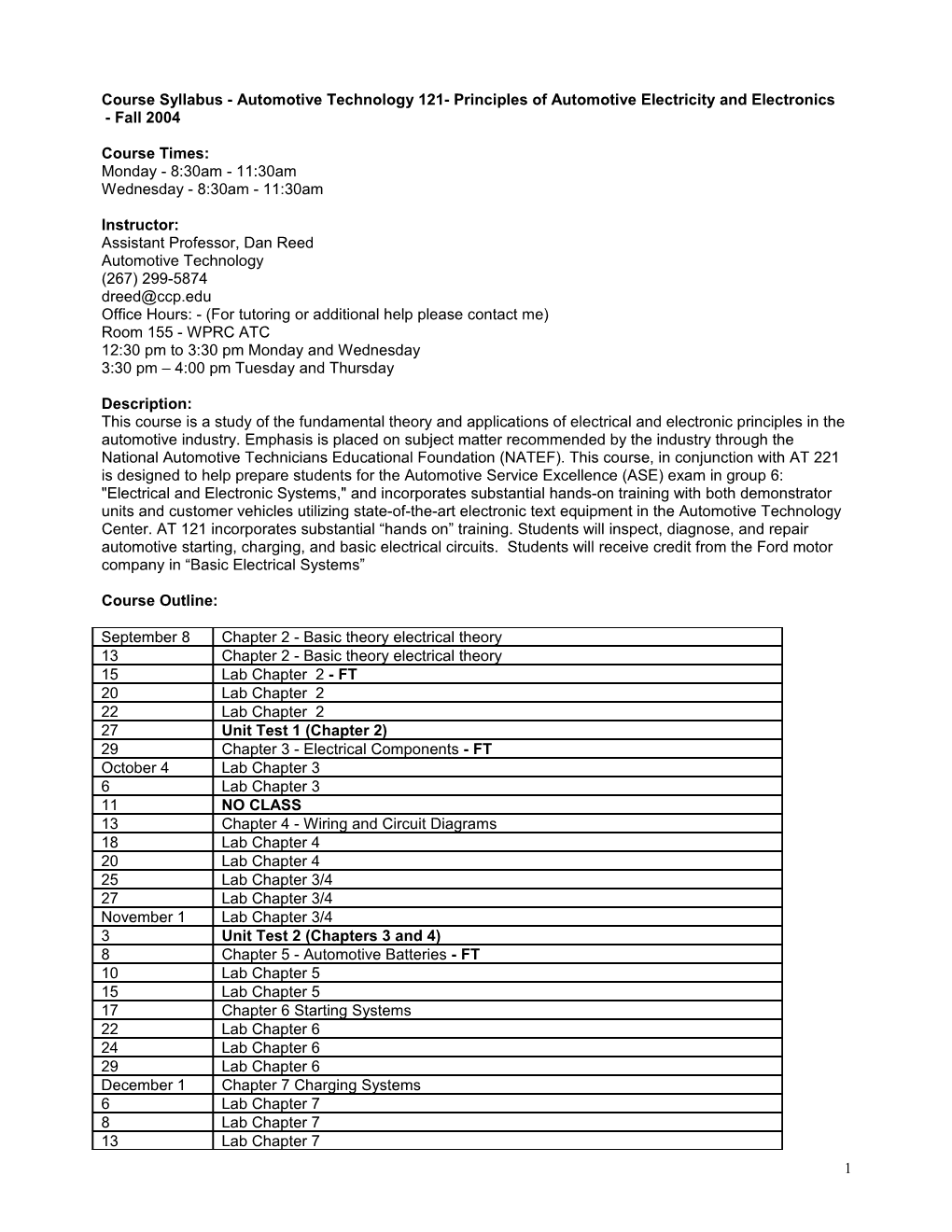 Course Syllabus - Automotive Technology 121- Principles of Automotive Electricity And s1