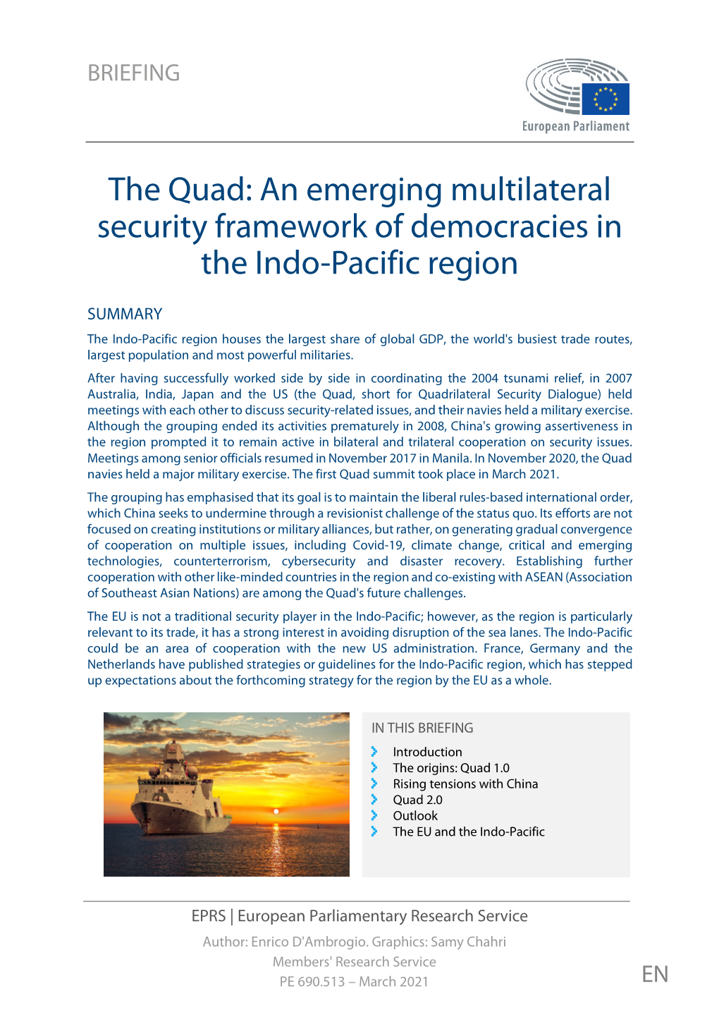 The Quad: an Emerging Multilateral Security Framework of Democracies in the Indo-Pacific Region