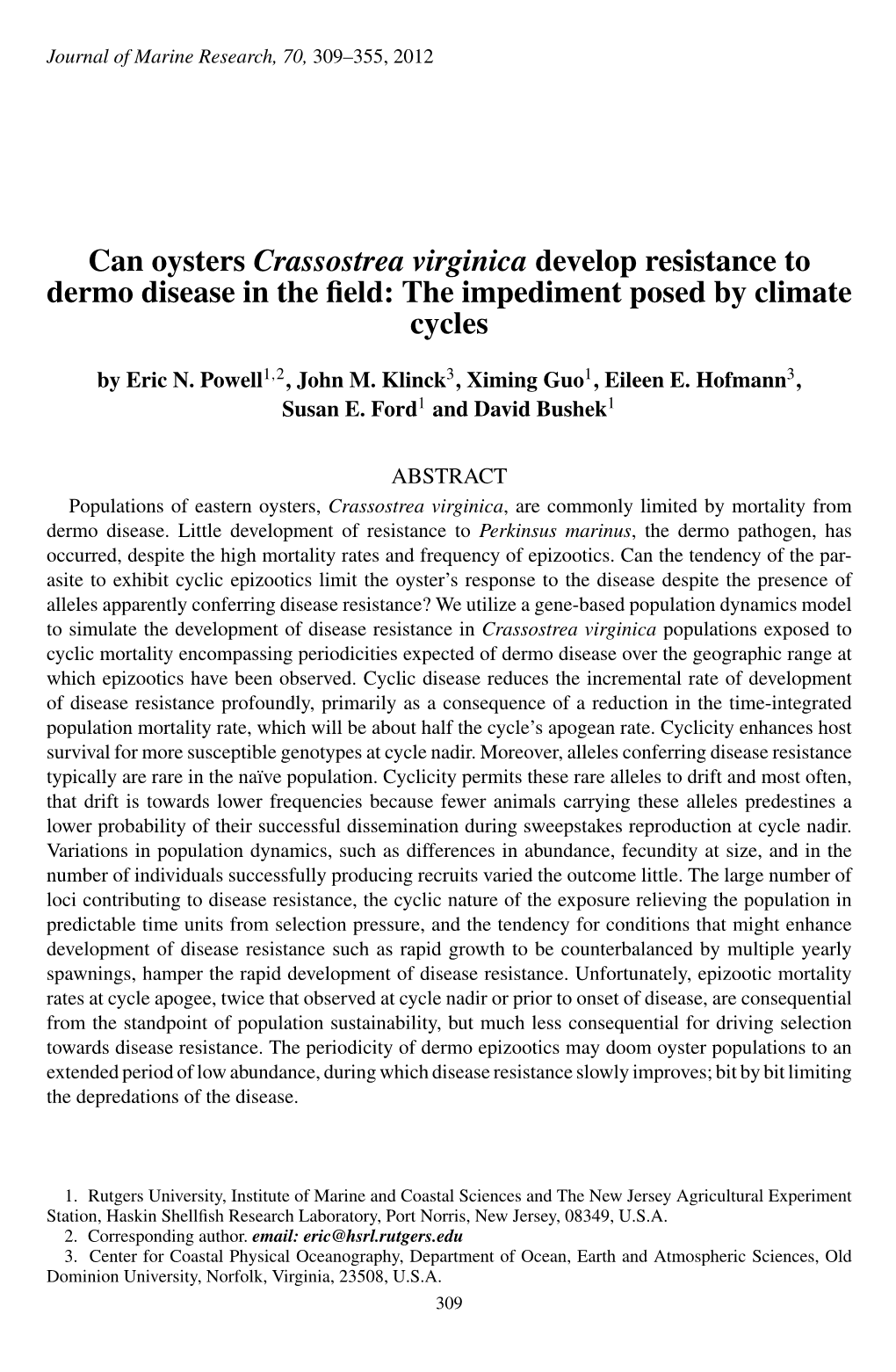 Can Oysters Crassostrea Virginica Develop Resistance to Dermo Disease in the ﬁeld: the Impediment Posed by Climate Cycles