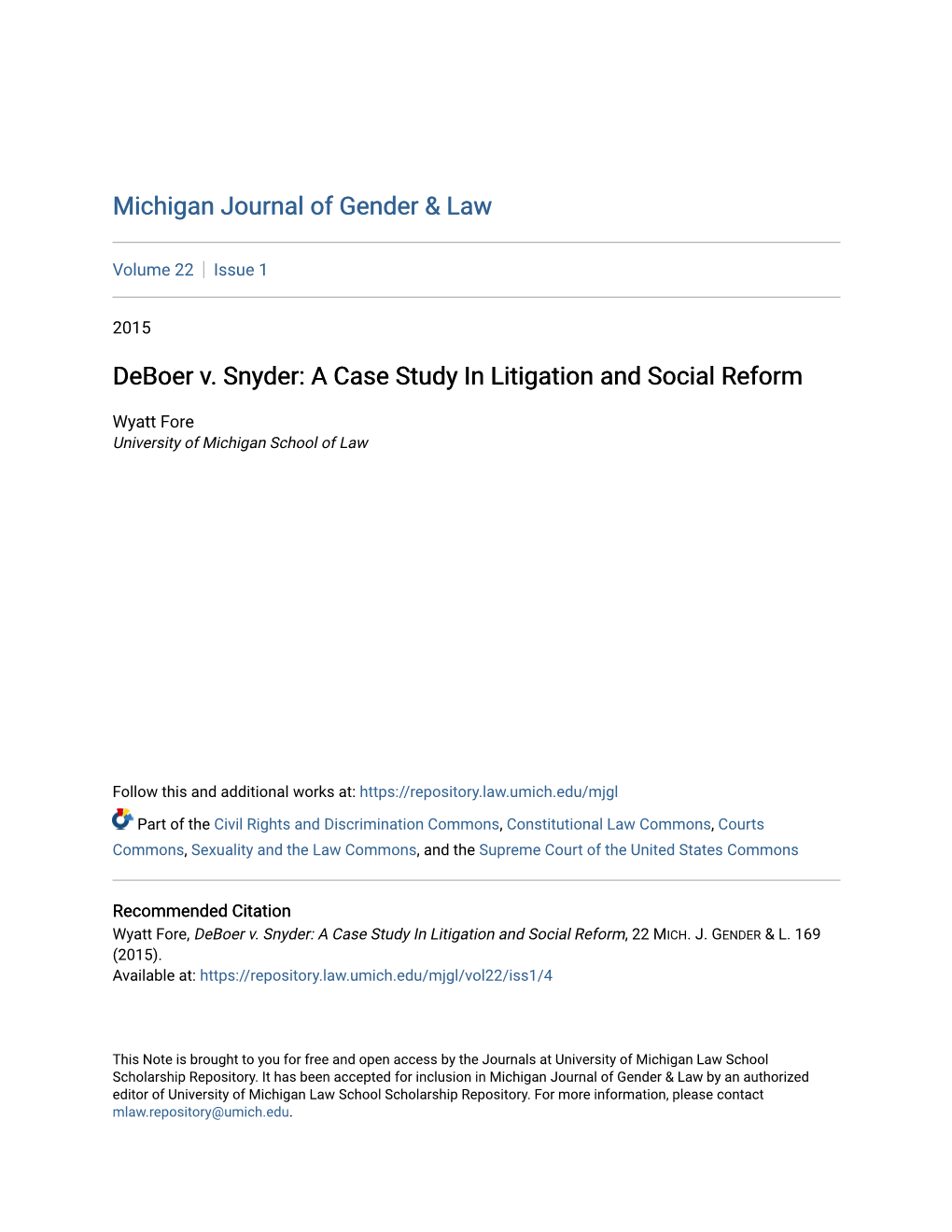 Deboer V. Snyder: a Case Study in Litigation and Social Reform