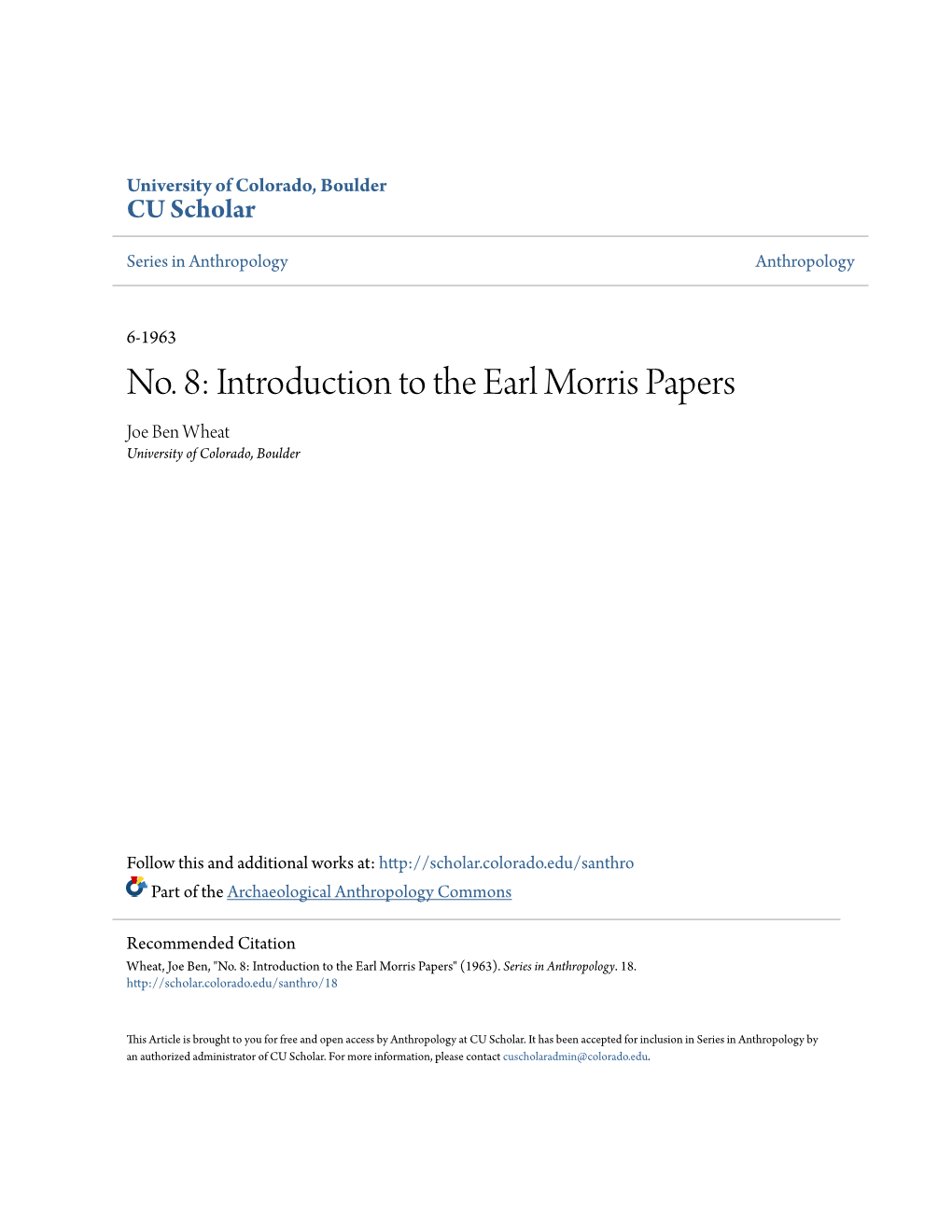 Introduction to the Earl Morris Papers Joe Ben Wheat University of Colorado, Boulder